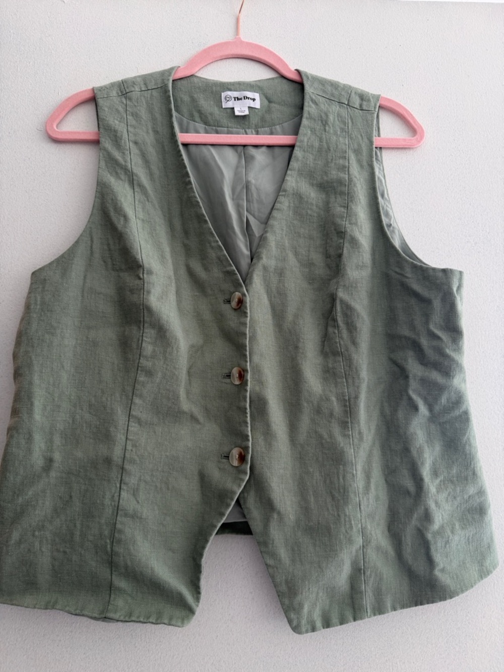 The Drop Women's Olive Green Linen-Blend Button Front Vest